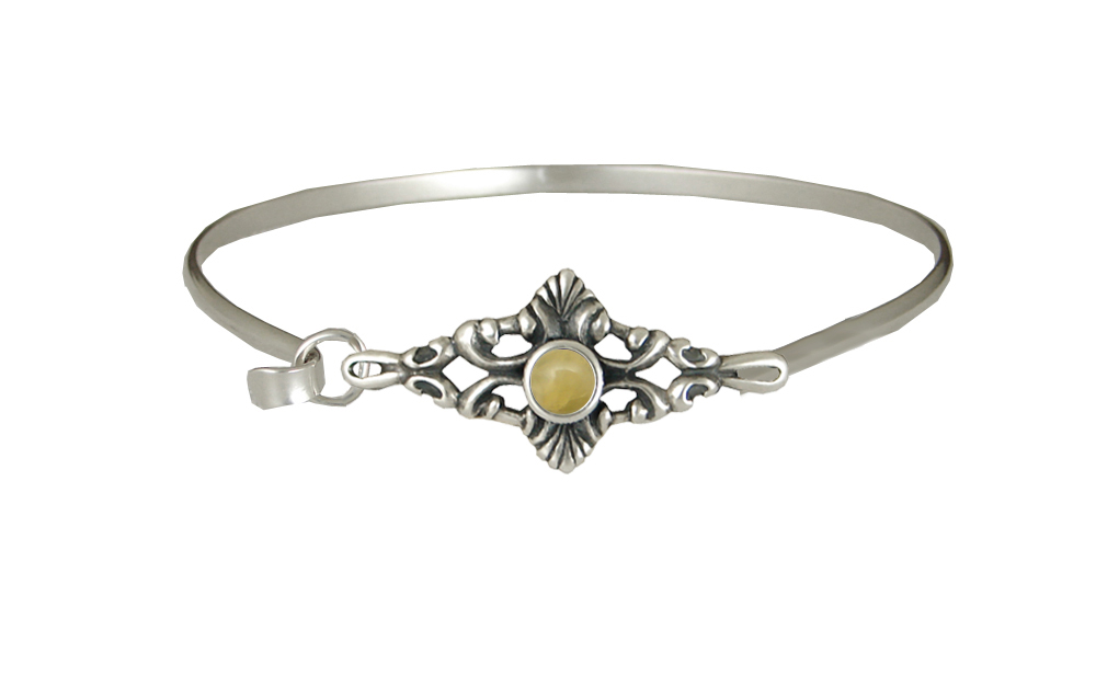 Sterling Silver Victorian Strap Latch Spring Hook Bangle Bracelet With Yellow Aragonite